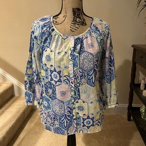 Talbots Blue and Yellow 3/4 Sleeve Buttoned Blouse